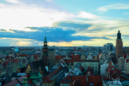 Beautiful, old architecture of the old town of Wroclaw, on a sunset. Aerial view. Wroclaw. Poland