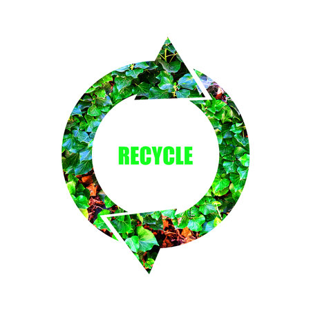 Round recycle icon, made from green leaves, Isolated on a white background. Garbage sorting concept....
