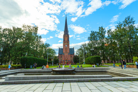 Oslo, Norway. 10. August. 2023 Beautiful old church and square with a fountain. Architecture of Norway.の写真素材