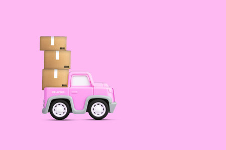 Delivery concept. Pink delivery car with boxes in the back, on a pink background. Copy space. Background for the carrier company and delivery.の写真素材