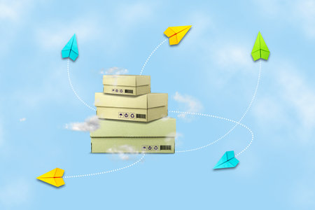Delivery concept. Cardboard boxes and paper airplans on a blue cloudy sky. Background for companies...
