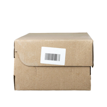 Cardboard box for transportation of goods, with barcode, isolated on a white background. Design...