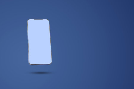 Smartphone with glowing blank screen on dark blue background. Advertisement mockup. Copy space. Advertisement background. Background.の写真素材