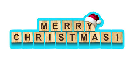 Merry Christmas. Sticker with Wooden block isolated on white background. Holidays. Congratulations. Background.の写真素材
