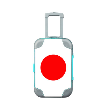 Travel suitcase in the colors of the Japan flag. Isolated on a white background. Trips. Design object.の写真素材
