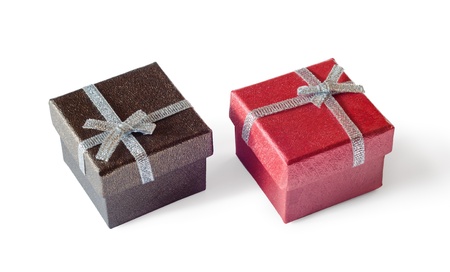 Brown and red gift boxes Iisolated on white backgroundの写真素材