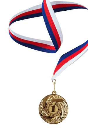A gold medal hanging from a red, white and blue ribbon isolated on white backgroundの写真素材