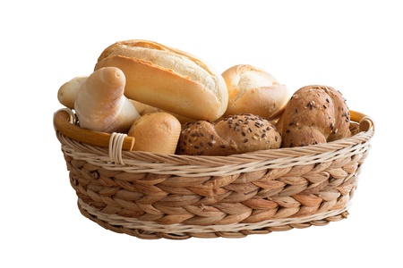Fresh bread rolls in a basket isolated on white backgroundの写真素材