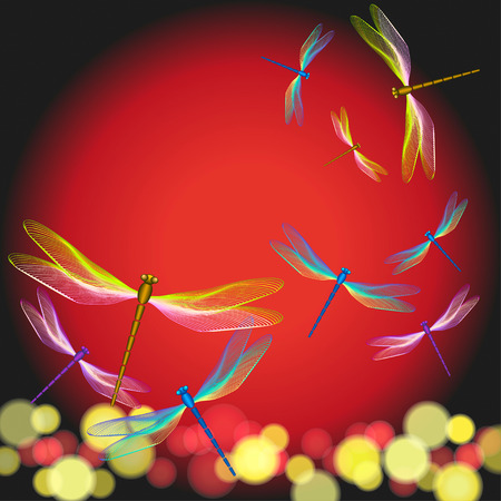 Shining dragonflies flying on sunset. Vector illustration, EPS10のイラスト素材