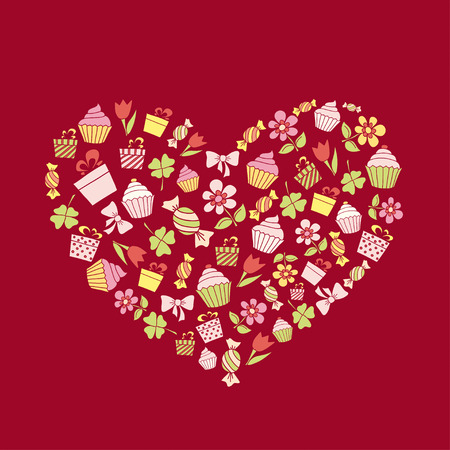 Background with hand drawn holiday items in a shape of heart. EPS 10 vector illustration. High res jpg included.のイラスト素材