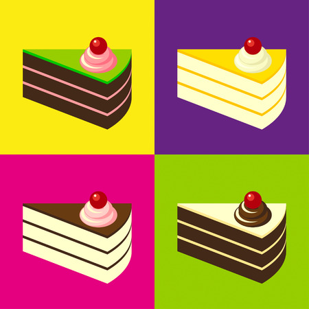 Delicious Cakes on colorful tiled background. Pop-art style. のイラスト素材