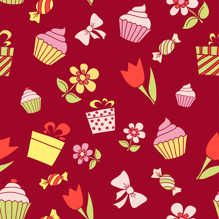 Hand drawn holiday items, seamless pattern on maroon background. のイラスト素材