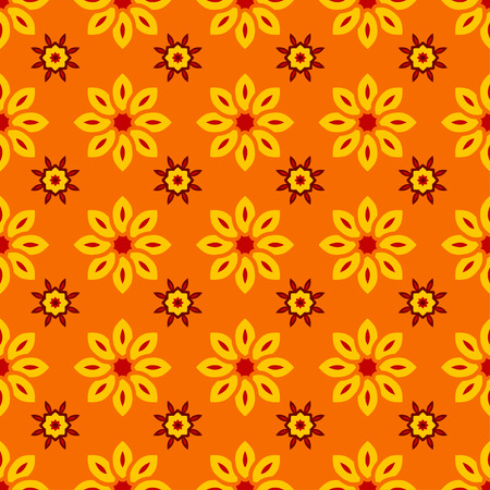 Ornate seamless floral pattern with yellow flowers on orange background, decorative vector wallpaper. It can be used for decorating of textiles, bags, covers of books and clothes.のイラスト素材
