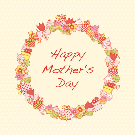 Mother's Day card with hand drawn flowers, gift boxes, cupcakes and candy.のイラスト素材