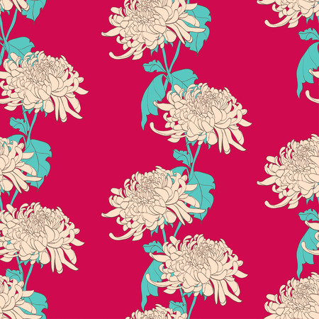 Floral seamless pattern with chrysanthemum on crimson background. Can be used for decoration of textiles, bags, covers of books and clothes. Hand-drawn contour lines.のイラスト素材