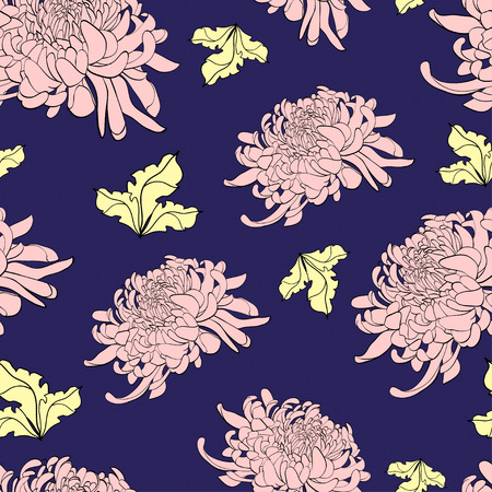Floral seamless pattern with chrysanthemum on dark blue background. Can be used for decoration of textiles, bags, covers of books and clothes. Hand-drawn contour lines.のイラスト素材