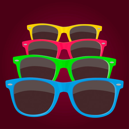Colorful four sunglasses on maroon background.のイラスト素材