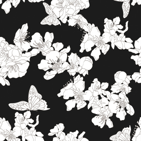 Monochrome, black and white seamless background with butterflies and blossom apricot. Elegant floral elements for design. Can be used for wallpaper, decoration for bags and clothes.のイラスト素材