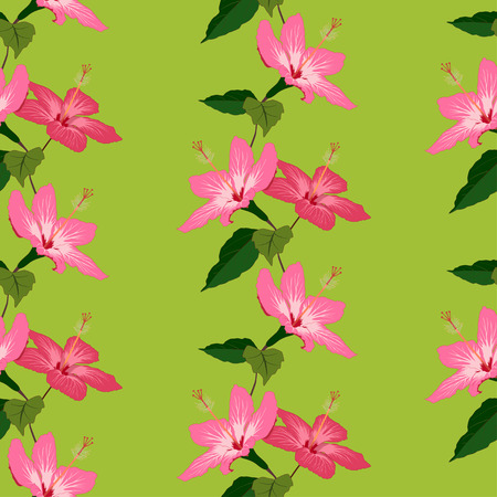 Seamless pattern with hand drawn hibiscus flowers on green background. Can be used for wallpaper, wrapping paper,Â decorating of textiles.のイラスト素材
