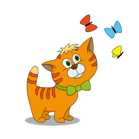 Cute kitten with butterflies. Cartoon illustration of animal character. Brilliant card for childrenのイラスト素材