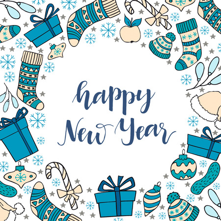 New Year greeting card with hand drawn lettering and winter holiday symbols. Vector illustrationのイラスト素材