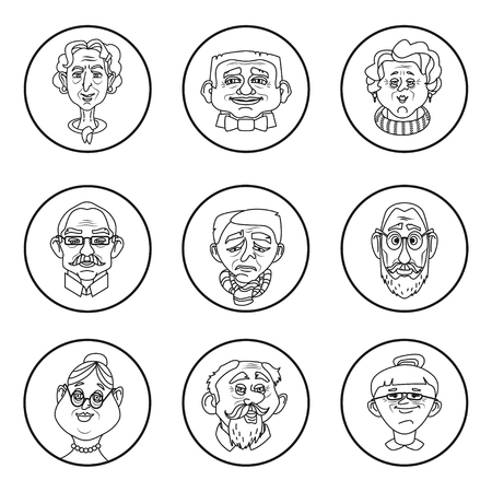 Face of elder people icons. Pensioner head collection in circle. Unique line style vectorのイラスト素材