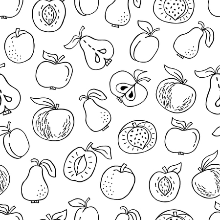 Seamless pattern with hand drawn fruit isolated on white. Perfect organic food pattern in line style, can use for wrapping paper, bio products wallpaper, organic backgroundのイラスト素材
