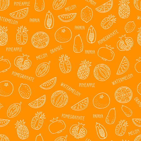 Seamless pattern with hand drawn exotic fruit on yellow background. Perfect organic food pattern in line style, can use for wrapping paper, bio products wallpaper, organic backgroundのイラスト素材