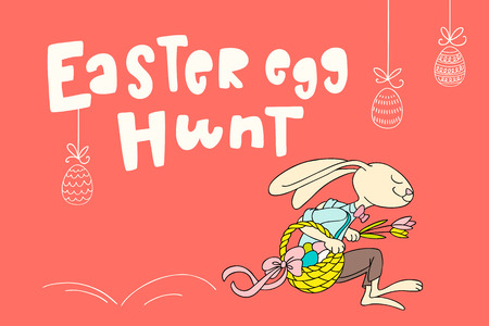 Easter rabbit is jumping with flowers and basket full of decorated eggs, and handwritten text Easter Egg Hunt.のイラスト素材