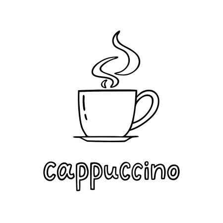 Hand drawn cup of cappuccino with handwritten phrase Cappuccino. Can be used for coffee break poster, card, leaflet. Vector illustrationのイラスト素材