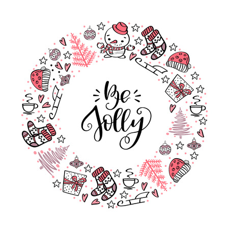 Christmas card with winter holiday symbol and greeting lettering Be Jolly. Perfect design elements for Winter Holidays greeting card and poster made in vectorのイラスト素材