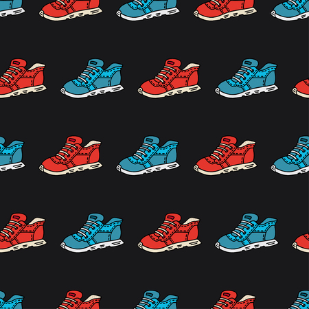 Seamless pattern with hand drawn sports shoes. Vector pattern in line style on black background, can be used for wrapping paper, decorate a shoe storeのイラスト素材