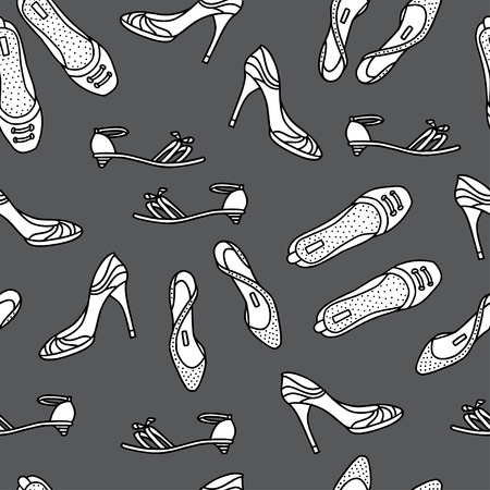 Hand drawn shoes for girl and woman. Seamless pattern vector illustration on grey background, can be used for wrapping paper, decorate a shoe storeのイラスト素材