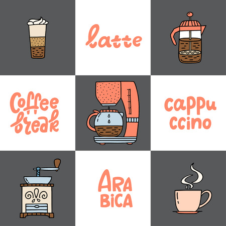 Hand drawn coffee maker, coffe machine, American press, grinder, latte, cappucino. Collection of coffee time symbols and handwritten phrases. Design elements for poster, card, leaflet. Vector illustrationのイラスト素材