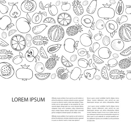 Poster template with hand drawn fruit. Unique line style vector illustration. Organic product for healthy food concept, place for text. Horizontal compositionのイラスト素材