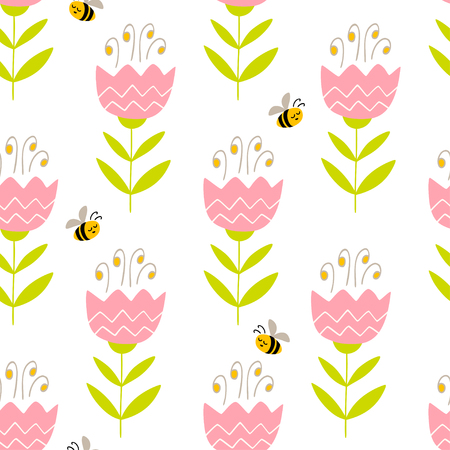 Seamless pattern with hand drawn flowers and bees. Colorful vector pattern in flat style can be used for wrapping paper, spring holidays backgroundのイラスト素材