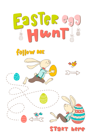 Hand drawn bunny, eggs, birds and lettering phrase Easter Egg Hunt. Handwritten calligraphy design. Print for poster, flyers, leaflets. Vector illustrationのイラスト素材