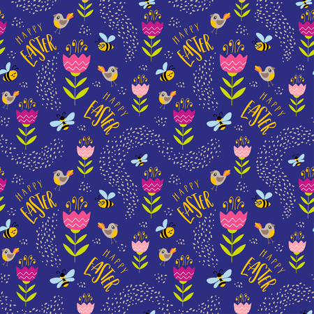 Seamless pattern with hand drawn flowers birds bees and handwritten text Happy Easter. Colorful vector pattern in flat style can be used for wrapping paper, spring holidays backgroundのイラスト素材