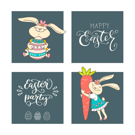 Set of handwritten lettering phrases Happy Easter, Easter Party, and hand drawn rabbits, eggs, carrot. Vector illustrations and handwritten calligraphy design. Print for poster, greeting cards, leafletsのイラスト素材