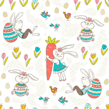 Hand drawn colorful Easter bunny, eggs, birds in doodle style. Vector seamless pattern on light background. Perfect design elements for decorations greeting card, posters, holidays pattern, wrapping paperのイラスト素材