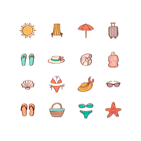 Summer vacation hand drawn icon set in doodle style. Design elements for summer party poster, invitation card, wrapping paper, print on mug, t-shirtのイラスト素材