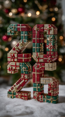 A colorful display of gift-wrapped boxes stacked to form the number twenty-three stands amidst...