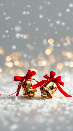 Two golden bells tied with bright red bows sit on a snowy surface, surrounded by a soft blur of warm lights. The scene captures the spirit of the holiday season.の写真素材