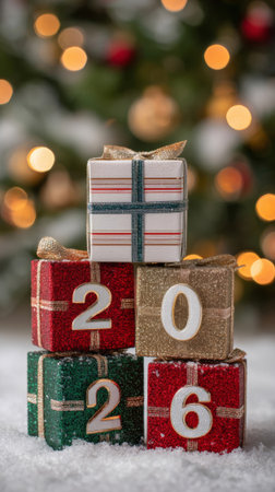 Four beautifully wrapped Christmas gifts are stacked, featuring numbers from the year 2026. Soft...
