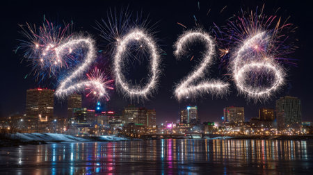 Fireworks light up the night sky as people gather by the river to welcome the year 2026. Colorful...