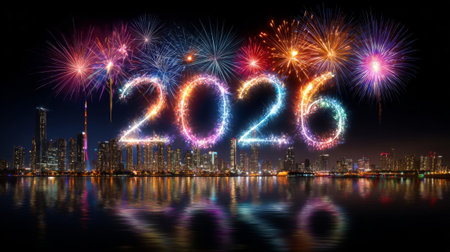 Colorful fireworks burst over a city skyline, illuminating the night sky as people gather to...