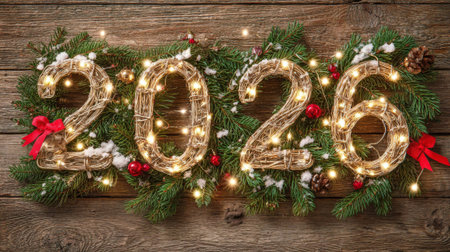 Decorative numbers 2026 made of straw are surrounded by evergreen branches, pine cones, and red...