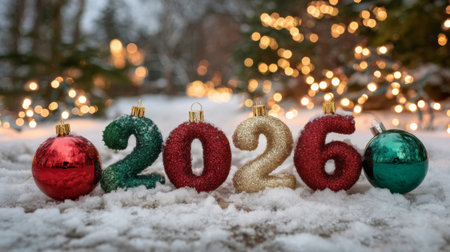 Decorative numbers spelling 2026 stand out in glittery colors against a snowy ground, surrounded by...
