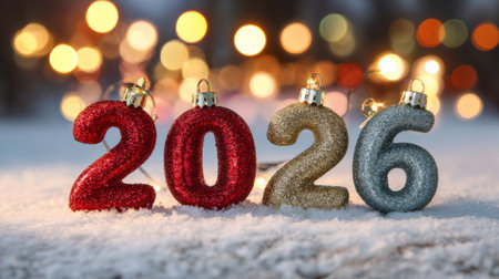 Colorful numbers 2026 made of glitter are placed on snow. In the background, soft bokeh lights...