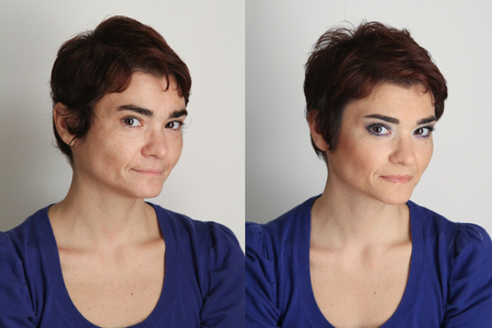 middle aged woman photographed  twice, before and after make upの写真素材